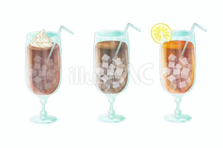 純喫茶の冷たい飲み物三種　ひんやり アイスココア,アイスコーヒー,アイスティーのイラスト素材