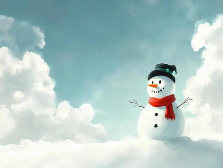 雲の中にいるような雪原の雪だるまと空2