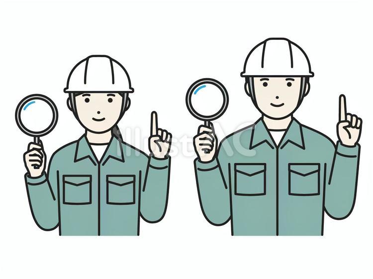 虫眼鏡を持って指さすヘルメット作業員 虫めがね,指さし,調査のイラスト素材