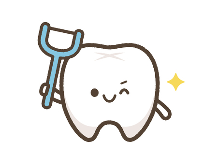 フロスを持った歯のキャラクター 歯,歯医者,キャラクター,きれい,健康,虫歯,歯茎,ホワイトニング,白い,歯周病のイラスト素材