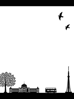 東京の街並シルエット背景(ブラック) 東京の街並シルエット背景(ブラック) 東京,街並み,シルエット,観光バス,駅,タワー,木,鳥,ブラックのイラスト素材
