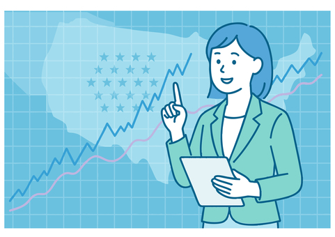 経済チャートの前でポイントを示す女性 人物,イラスト,ポイント,示す,アジア人,中国人,ベクター,アナウンサー,日本人,白バックのイラスト素材