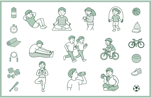 運動と健康のイラストアイコンセット 運動,フィットネス,トレーニング,ストレッチ,ヨガ,筋トレ,ジョギング,自転車,縄跳び,健康のイラスト素材