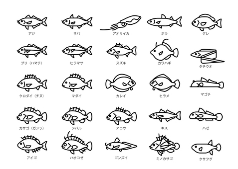 魚のアイコン（線画） 魚,海魚,アイコン,線画,アジ,サバ,アオリイカ,ボラ,グレ,メジナのイラスト素材