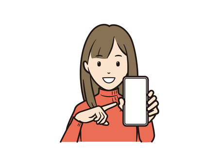 スマホを指差す笑顔のニットセーターの女性 スマホ,スマートフォン,ol,ニット,セーター,カジュアル,冬服,秋,携帯電話,モバイルのイラスト素材
