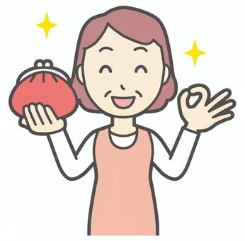 収入に満足しているエプロンのおばさん 財布,女性,人,主婦,中年,シニア,エプロン,ママ,お母さん,おかんのイラスト素材