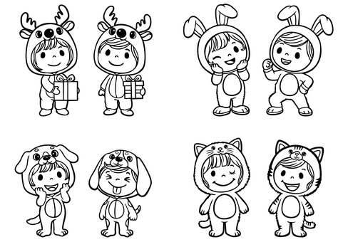 子供の着ぐるみ（白黒）-2 トナカイ,鹿,シカ,うさぎ,ウサギ,兎,犬,ワンちゃん,イヌ,猫のイラスト素材