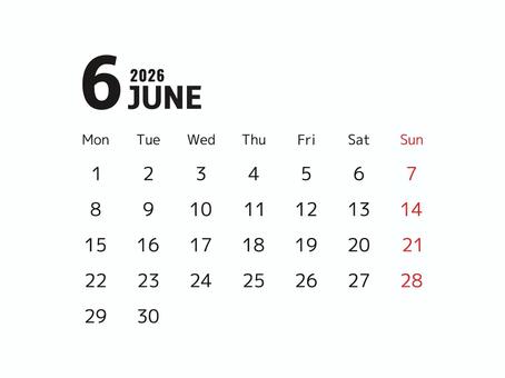 2026年6月のシンプルなカレンダー カレンダー,6月,2026,月間,シンプル,月別,月毎,梅雨,夏,スケジュールのイラスト素材