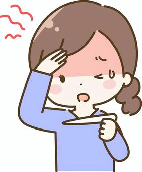 発熱　女性 女性,主婦,母親,親,発熱,熱,汗,しんどい,体調不良,熱いのイラスト素材