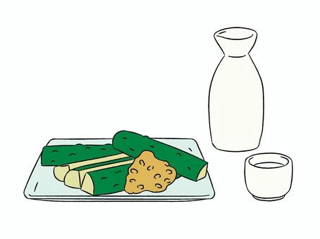 もろきゅうとお酒 もろきゅう,キュウリ,もろみ味噌,とっくり,おちょこ,日本酒,おつまみ,肴,居酒屋メニュー,お酒のイラスト素材