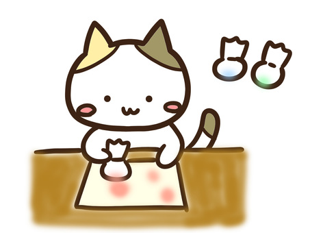 たんぽで図工の絵を塗るかわいい三毛猫 たんぽ,図工,授業,絵,学校,工作,ねこ,かわいい,美術,書くのイラスト素材