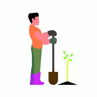 人物 054 男性,植える,スコップ,植物,ガーデニング,作業,橙色の服,シンプル,自然,イラストのイラスト素材