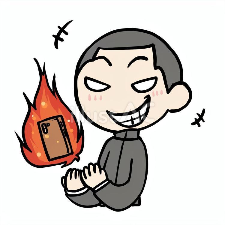 スマホが炎上してほくそ笑む学生少年 スマホ,炎上,ほくそ笑むのイラスト素材