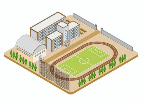 街並みシリーズ 学校全景 学校,校舎,体育館,中学校,高校,かわいい,デフォルメ,建物,グラウンド,花壇のイラスト素材