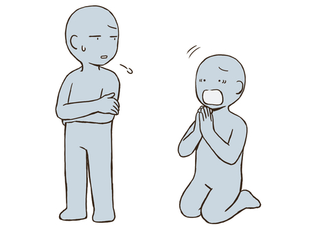 謝る人と嫌気がさしてる人のドローイング デッサン,人形,ラフ,ポーズ,謝る,土下座,跪く,謝罪,嫌気,呆れるのイラスト素材