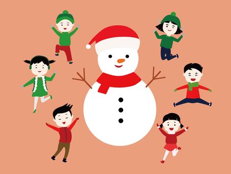 雪だるまを囲む子供たち