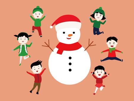 雪だるまを囲む子供たち スノーマン,雪だるま,冬,キッズ,クリスマス,子供たち,クリスマスカラー,サンタのおじさん,１２月,メリークリスマスのイラスト素材