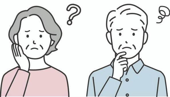 悩む困るシニアの男女のイラスト 人物,男性,女性,シニア,悩む,困る,困った,私服,不安,心配のイラスト素材
