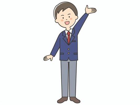 案内する男子学生 案内,元気,手を振る,手をあげる,挙手,声かけ,呼びかけ,集客,笑顔,男の子のイラスト素材