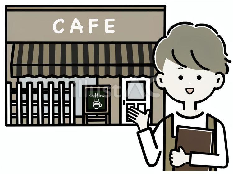 カフェと男性のカフェ店員 カフェ,外観,カフェ店員のイラスト素材
