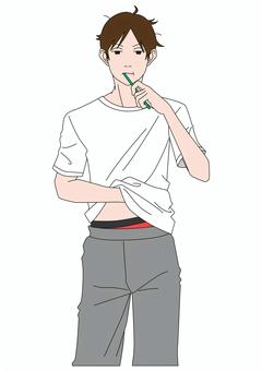 歯磨きをする寝起きの男性 歯磨き,寝癖,寝起き,男性,歯ブラシ,歯,磨く,早起き,生活習慣,オーラルケアのイラスト素材