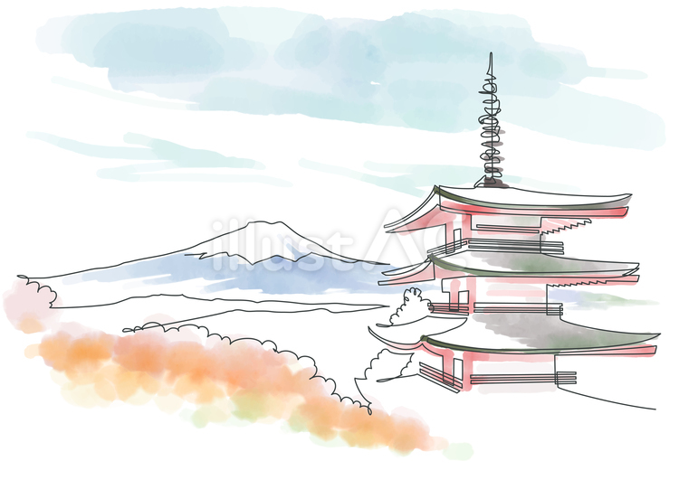紅葉と富士山と五重塔 一筆書きと水彩 富士山,日本,五重塔のイラスト素材