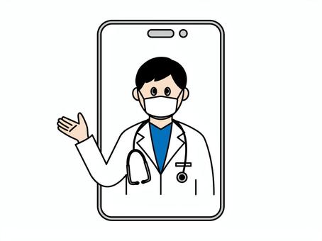 オンライン診療 男性 マスク（スマホ） オンライン診療,スマホ,医師,男性,マスク,オンライン,リモート,白衣,聴診器,病院のイラスト素材