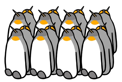 つまんなそうなキングペンギン 16羽 キングペンギン,オウサマペンギン,ペンギン,鳥,黒,白,グレー,水族館,動物,立つのイラスト素材