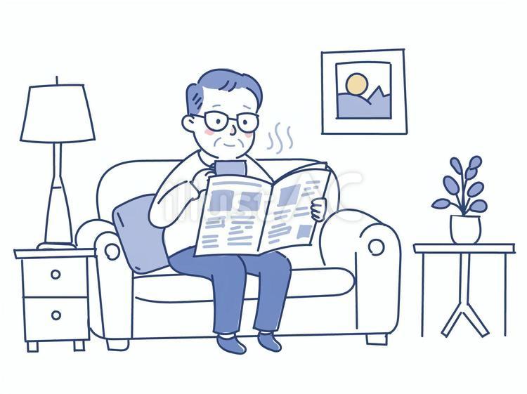 コーヒーを飲みながら新聞を見るお父さん 父の日,家族,人物のイラスト素材