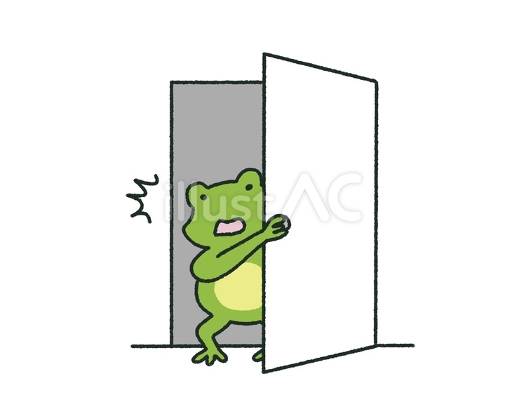 部屋を出て何かを発見して驚くかえる 発見,驚愕,驚くのイラスト素材