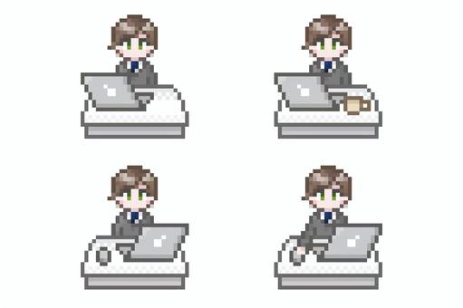 ドット絵のデスクワークをする男性 セット ドット絵,ピクセル,パソコン,ノートパソコン,pc,端末,マウス,操作,クリック,オンラインのイラスト素材
