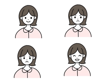 色々な表情の女性 女性,手書き,手描き,表情,喜怒哀楽,アイコン,手書きイラスト,人物,大人,喜ぶのイラスト素材