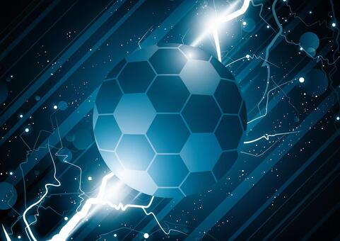 サッカーボールと青色の雷の背景素材 スポーツ,サッカー,ボール,雷,稲妻,光,パーティクル,青色,背景のイラスト素材