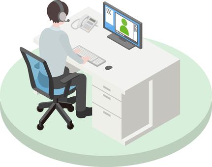 アイソメトリック_働く人①-10 アイソメトリック,オフィス,ミーティング,ヘッドセット,会社員,オンライン,男性,オフィスワーク,働く,仕事のイラスト素材