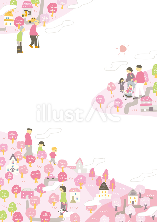 さくらで彩る街と人々 春,桜,町並みのイラスト素材