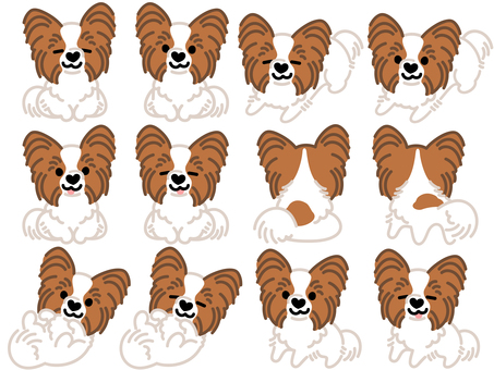 ハート鼻のパピヨン（セット）2 パピヨン,犬,動物,ハート,鼻,おすわり,ふせ,立つ,ゴロン,寝転がるのイラスト素材