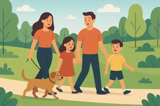 家族と犬の楽しいお散歩