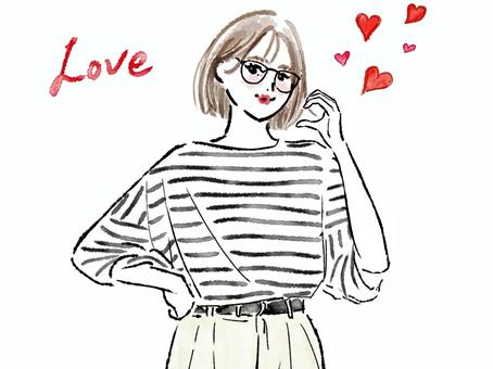 片手ハートでファンサするおしゃれ眼鏡女性 女性,ハート,ファンサ,推し,love,好き,愛,めがね,ボブ,ボーダーのイラスト素材