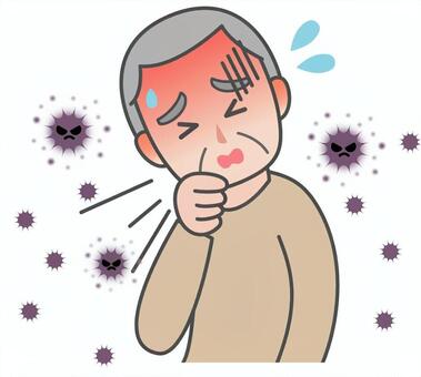浮遊するウイルスと咳き込む発熱の高齢男性 高齢男性,おじいさん,苦しい,咳き込む,手,当てる,発熱,高熱,ほてり,発汗のイラスト素材