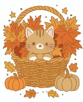 猫と紅葉のバスケット 猫,動物,ペット,秋,紅葉,落ち葉,枯葉,植物,アレンジメント,かぼちゃのイラスト素材