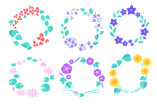 夏の花フレーム フレーム,花,夏,リース,装飾,ブーゲンビリア,アジサイ,キキョウ,スイレン,アサガオのイラスト素材