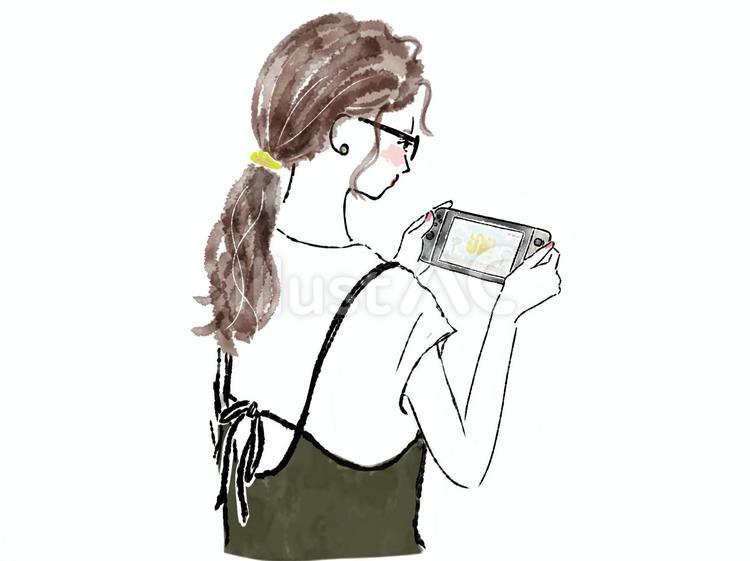 女性　ゲーム　眼鏡　リボン　画面　遊ぶ 女性,ゲーム,コントローラーのイラスト素材