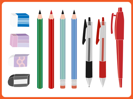 文具_書くものと消しゴムのセット線なし 鉛筆,ボールペン,消しゴム,赤ペン,サインペン,ペン,文具,文房具,stationery,学校のイラスト素材