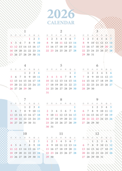 2026年カレンダー おしゃれな背景 カレンダー,2026,カレンダー2026,2026年,1年間,おしゃれ,かわいい,日曜始まり,日曜日始まり,2026カレンダーのイラスト素材