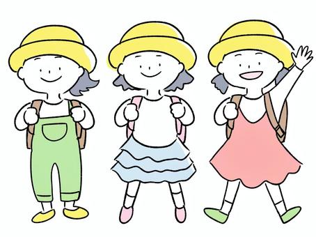 小学生の女の子たち 子ども,女の子,小学生,一年生,入学,元気,笑顔,ランドセル,帽子のイラスト素材