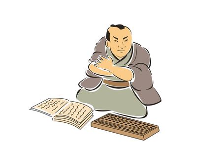 江戸商人 商人,そろばん,商談,江戸時代,計算,台帳,ちょんまげ,着物,商売,算盤のイラスト素材