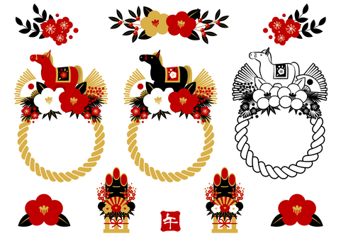 zodiac261212 馬,午年,しめ飾り,椿,扇子,松,梅,南天,年賀状,花のイラスト素材