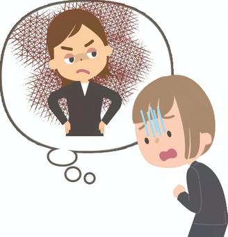 苦手な先輩と仲良くしなければいけない2 お局,先輩,会社,コミュニケーション,苦手,嫌い,合わない,仲良し,努力,睨むのイラスト素材