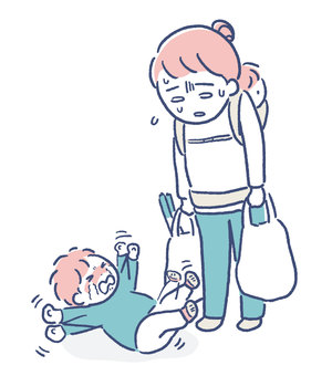 癇癪を起こしている子と困るママ２ 癇癪,地団駄,泣き喚く,イヤイヤ期,子ども,ママ,泣く,叫ぶ,大泣き,寝転ぶのイラスト素材