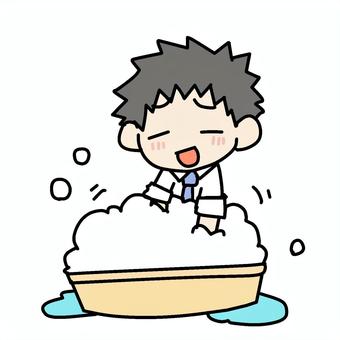 デレデレたらいを洗う男性 男性,たらい,デレデレ,照れる,バケツ,泡立てる,洗濯,手洗い,もこもこ,にやけるのイラスト素材